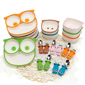 Bpa free baby Food kids dining spoons tableware suction plate Owl weaning BOWL Silicone Baby Dinnerware Feeding Set