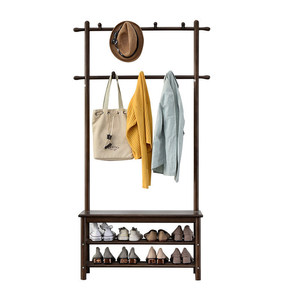 Shoe <b>Rack</b> With Coat Hanger Solid Wood Entryway Storage <b>Bench</b> For Shoes And Clothes Multifunctional Standing Furniture - Product Image 5