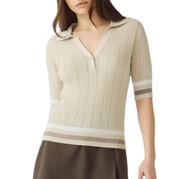 Pull Polo Tricoté Léger et Ajusté pour Femme 100% Coton, Manches Courtes, Bordure Contrastante, Style Preppy – Vente en Gros Personnalisée