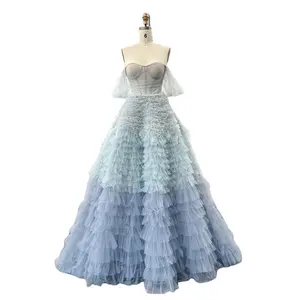 Sharon Said SF086 Chic Blue Ombre Tiered Ruffles Ball Gown Dubai Evening Dresses 2023