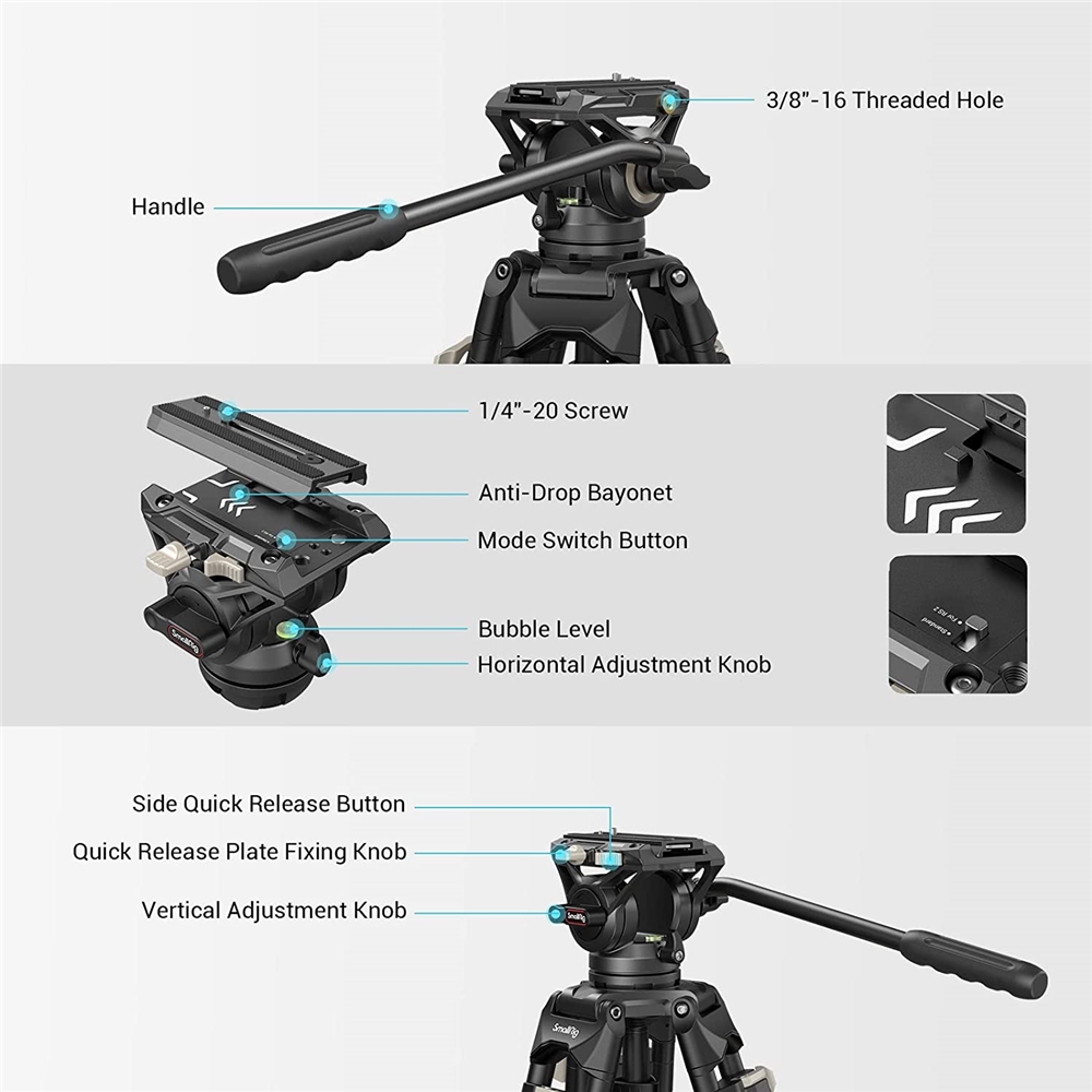 SmallRig AD-01ビデオ三脚ヘビーデューティー三脚、360度流体ヘッドと