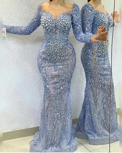 NUOVO <span class=keywords><strong>Abito</strong></span> da Sera a Sirena di Lusso 2024 a Maniche Lunghe con Perline e Strass - Product Image 1