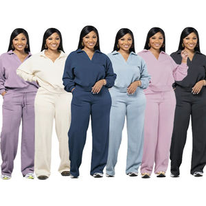 Özel Logo kadın düz renk rahat Streetwear güz Athleisure salonu uzun kollu v-çentik kazak Joggers kazak seti - Product Image 1