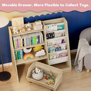 Meubles Montessori en bois, étagère à <span class=keywords><strong>livres</strong></span> <span class=keywords><strong>pour</strong></span> tout-petits avec 5 poches suspendues, étagère à <span class=keywords><strong>livres</strong></span> en bois à 4 niveaux et rangement <span class=keywords><strong>pour</strong></span> jouets avec tiroir amovible - Product Image 4