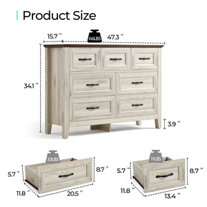 Cómoda de 7 cajones estilo rústico para dormitorio, cómoda ancha de madera para dormitorio - Product Image 6
