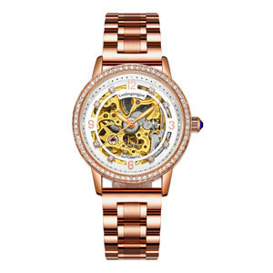 Reloj Mecánico de Mujer con Incrustaciones de Diamantes, Diseño Hueco, Color Oro Rosa, Elegante - Product Image 1