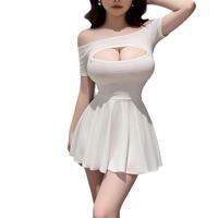 Lencería Sexy de Talla Grande para Mujer, con Hombros Descubiertos, Diseño Hueco, Color Blanco Puro, Uniforme, Pijama Ajustado, Camisón, Sin Grasa