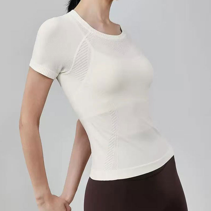 Women Seamless Mesh Yoga Workout T-Shirt Short Sleeve Skinny Fit Quick Dry Four Way Stretch Breathable Nylon