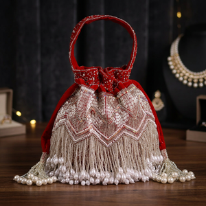 <b>Beaded</b> Velvet Soft Eco-Friendly Bucket Handbag with Pearl Fringe <b>Magnetic</b> Closure for Evening Party - Product Image 2