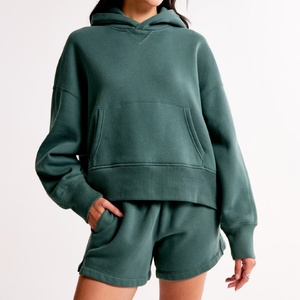 ชุดเซ็ตฮู้ดดี้โอเวอร์ไซส์สำหรับผู้หญิง 2 ชิ้น เสื้อสเวตเชิ้ตผ้าฝ้ายฟลีซ กางเกงขาสั้น ชุดลำลองสำหรับฤดูใบไม้ผลิ เสื้อคลุมสวมหัวสำหรับใส่กลางแจ้ง - Product Image 2