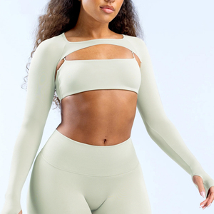 YIYI Fashion With Finger Hole Shrug Workout <strong>Tops</strong> Girls Classic High <strong>Support</strong> Bra 2pcs Gym Athletic <strong>Top</strong> Fitted <strong>Crop</strong> <strong>Tops</strong> for Women - Product Image 6