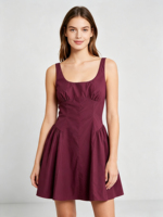 Robe Courte Décontractée Leduo Personnalisée pour Femme, Sans Manches, Col U, Taille Haute, Coupe Évasée, en Coton, Couleur Bordeaux