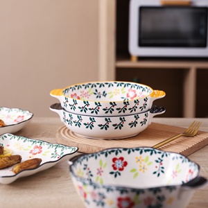 Ciotola in Ceramica Grande da 1200ml con Doppio Manico Dipinta a Mano per <span class=keywords><strong>Insalata</strong></span>, Zuppa, Frutta con <span class=keywords><strong>Disegno</strong></span> di Fiori e Piante - Product Image 3