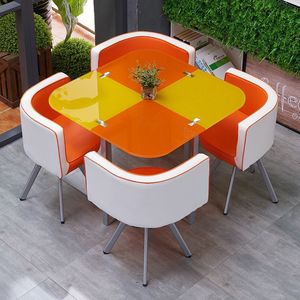 Ensemble de mobilier de restaurant moderne et minimaliste en verre trempé avec structure métallique, table commerciale 4 places pour salons de thé et bureaux - Product Image 6