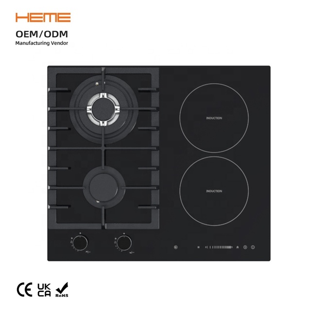 New Style Black Glass Panel Built-In Kitchen Stove with 2 Gas & 2 Electric Burners Induction Cooktop Automatic Ignition