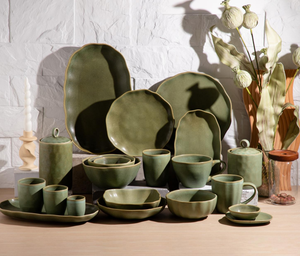 Elegant Wabi-Sabi Moss Green Reactive Glaze Dinnerware Set, Irregular Edge Stoneware Plates Bowls for Modern Kitchen & Gifting - Product Image 1