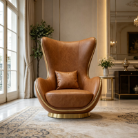 Fauteuil d'appoint pivotant marron à dossier haut avec base en métal doré, fauteuil de salon rembourré résistant à l'usure pour villa, hôtel, hall d'entrée