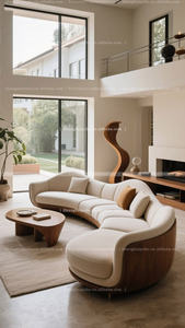 In legno massello e tessuto a forma di arco soggiorno divano angolo la forma rotonda e liscia in stile vecchio MCM - Product Image 3