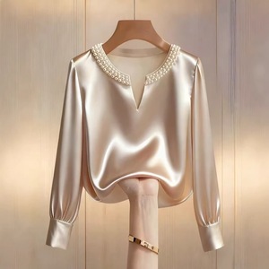 Camisa de manga larga con cuello en V de satén con perlas y cuentas, estilo francés de alta gama, para mujer, Colección Primavera 2026 de Independent <span class=keywords><strong>Site</strong></span> Wish - Product Image 4