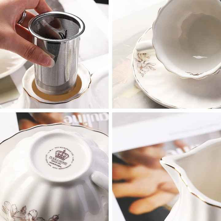 8 OZ Cups and Saucer Service Porcelain Tea Sets with Teapot Sugar Bowl Cream Pitcher Teaspoons and Tea Strainer for Tea Coffee