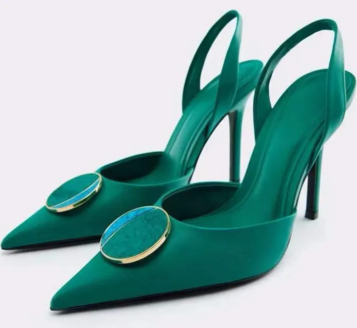 ZA new high heel sandal women Europe and America dark green thin heel pointed heel back empty strap covered head fashion shoes
