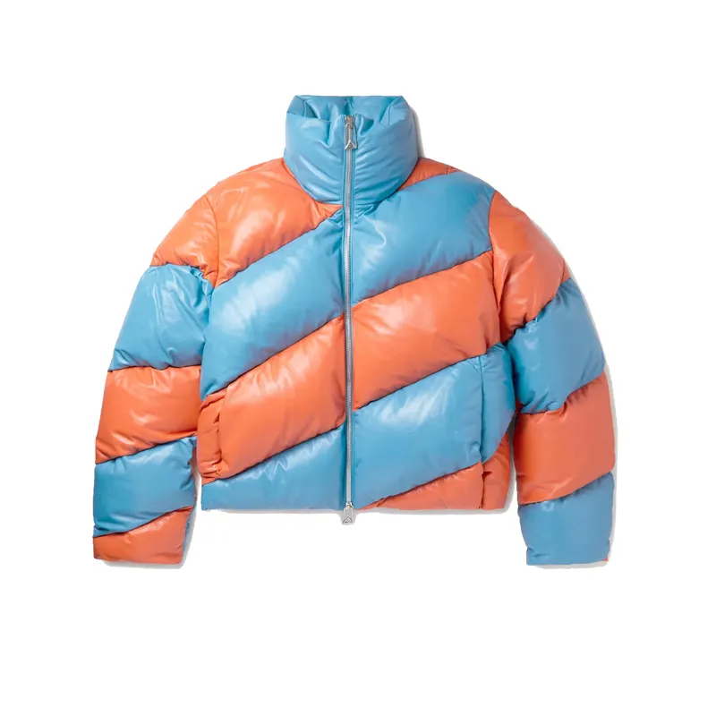 OEM Custom Made High Quality Leather Color Block Mens Cropped Puffer Down Bubble Winter Jackets