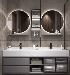 Mobile <span class=keywords><strong>Bagno</strong></span> Moderno Semplice con Doppio Lavabo, Specchio LED, Top in Ceramica Effetto Marmo Resistente all'Acqua - Product Image 4