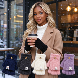 Gants sans doigts en fausse fourrure pour femmes, mitaines convertibles, gants mi-doigts chauds et moelleux pour l'hiver avec fermeture à bouton - Product Image 2