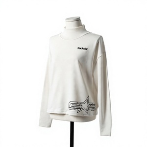Womens White Mock Neck Long Sleeve Sweatshirt Minimalist Trackstar Logo Star Graphic Print Top - Product Image 1