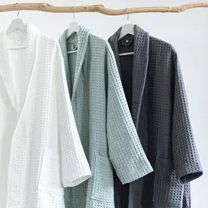 Japanese Style Cotton Round Extended Honeycomb Waffle Bathrobe Pajama, Home Outfit, Couples, Hotels Bath Towel