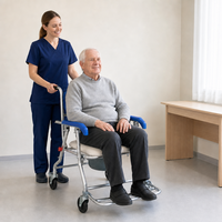 Chaise de toilette pliable de type fauteuil roulant en alliage d'aluminium avec siège souple, dossier bleu et accoudoirs pour soins aux patients en maison de retraite