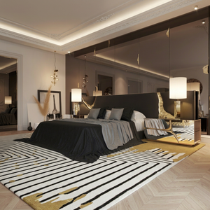 Cabecera de Cama Tapizada en Terciopelo Negro de Lujo Personalizada, Cama Plataforma Ancha con Detalle de Hoja de Oro Agrietada para Recámara Principal - Product Image 1