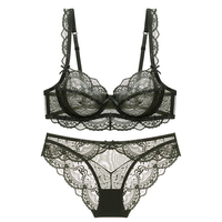 Ensemble de lingerie sexy grande taille en dentelle ultra-fine, sans éponge, entièrement transparent, avec soutien-gorge anti-affaissement et effet push-up, style français populaire Pure Desire