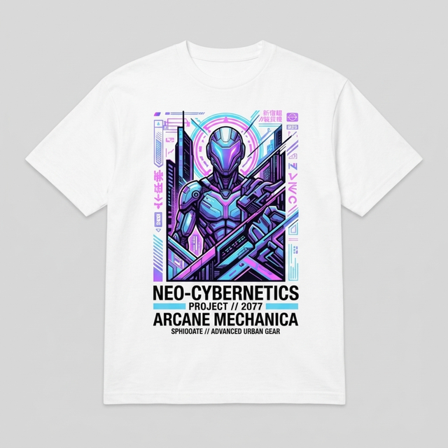 White Heavyweight Acid Wash Cyberpunk Neon Mecha Graphic Tee Y2K Futuristic Custom Wholesale Garment