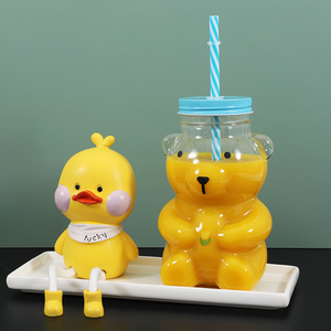 Urso Copo De Palha De Vidro Resistente Ao Calor <span class=keywords><strong>Cute</strong></span> Cartoon Design Coberto Caixa De Presente Embalagem Suco Café Leite Vidro De Borosilicato Alto - Product Image 4