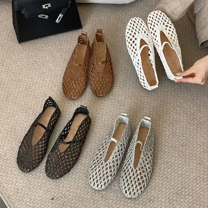 Mules plates décontractées d'été pour <span class=keywords><strong>femme</strong></span>, à bout rond, à enfiler, avec dessus en cannage ajouré, semelle extérieure en caoutchouc, style mode uni - Product Image 5