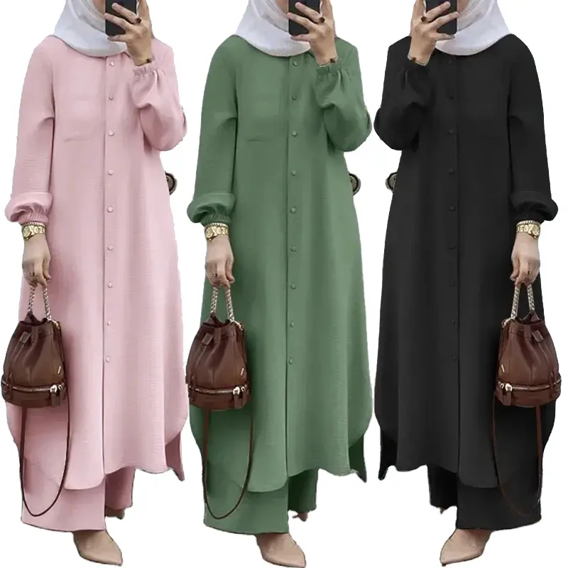 Nieuwe Ontwerpen 2 Stuks Set Vrouwen Islamitische Jurk Jumpsuit Moslim Top Effen Arabische Blouse En Broek Dubai Abaya