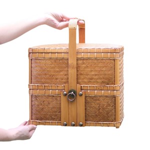 Handmade <b>Bamboo</b> Woven Double Layer Food Box Rectangle Brass Clasp Kitchen Storage Picnic Travel Gift Set - Product Image 5
