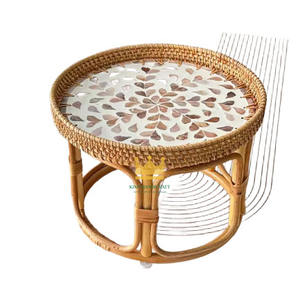 Ensemble de tables basses en rotin nacre à motifs floraux artistiques, tables d'appoint rondes pour la décoration du salon, meubles faits à la main - Product Image 1