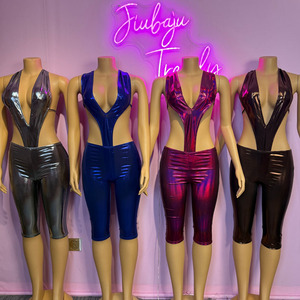 Seksi kadınlar 2 parça Set Halter ipeksi Hollow seksi Backless kolsuz Bodysuit + kapri pantolonlar eşleştirme Clubwear - Product Image 1