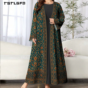 Abaya Kimono Islamique de Luxe Vintage pour Femme, Bleu Turquoise, Jacquard Brodé, Motif Floral Doré, Manches Chauve-Souris Longues, Modeste, à Col Ouvert - Product Image 1