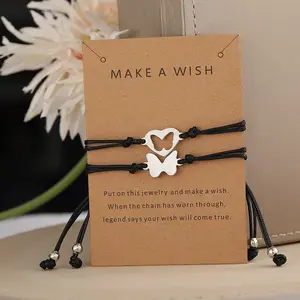 ウィッシュカードブレスレットを作る2個のカップル母の日合金中空蝶手作り織り調節可能なロープハンドブレスレット