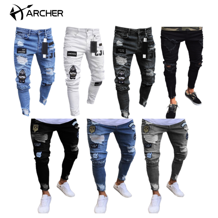 Destroyed Badge Pants Men's Distressed Destroyed Badge Pants Art Patches Skinny Biker White Jeans Slim Trousers Men Denim Jeans