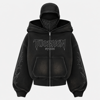 Diseño personalizado de gran tamaño Boxy algodón enmascarado Sudadera con capucha Mascarilla Streetwear Distressed Acid Wash All Over Print Zip up Ninja Hoodie