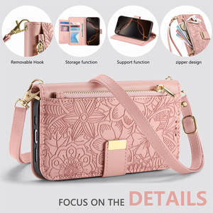 Étui portefeuille pliable en cuir PU avec motif floral et feuillage, longue lanière, pour iPhone 17 16 15 14 13 Pro Max - Product Image 2
