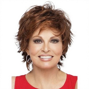 Venta Directa de Fábrica, Peluca de Cabello Corto Liso Marrón-Rojo para Mujer, con Flequillo Voluminoso <span class=keywords><strong>y</strong></span> Rizado hacia Afuera, de Una Sola Pieza - Product Image 1