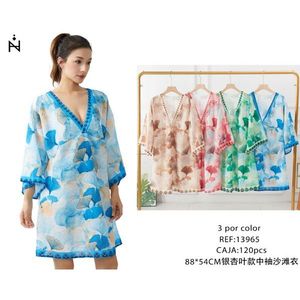 Vestido de Playa con Mangas Medias y Estampado de Hojas de Ginkgo, 88x54cm, Ropa de Baño, Ropa Exterior - Product Image 1