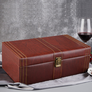 Caja de regalo de vino tinto de grano de madera Pu, doble botella portátil, nuevo estilo - Product Image 6