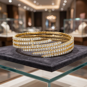 Bracelet manchette plaqué or 10 carats pour femme avec diamant taille brillant rond serti en canal, style classique, bijoux de mariage - Product Image 3