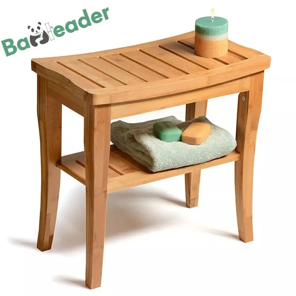 Wholesale high quality 2-Tier Seat Bamboo Wood Shower Bench Spa Stool Foot Rest with Non-Slip Feet Bathroom wooden bench